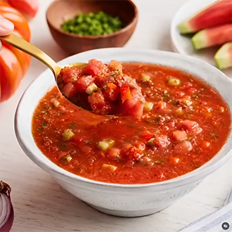 Chilled watermelon gazpacho recipe served in a ceramic bowl with fresh cucumber and basil garnish